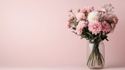 Fototapeta premium An enchanting arrangement of vibrant pink flowers in a clear vase, showcasing nature's beauty and bringing a touch of elegance to any space or setting.