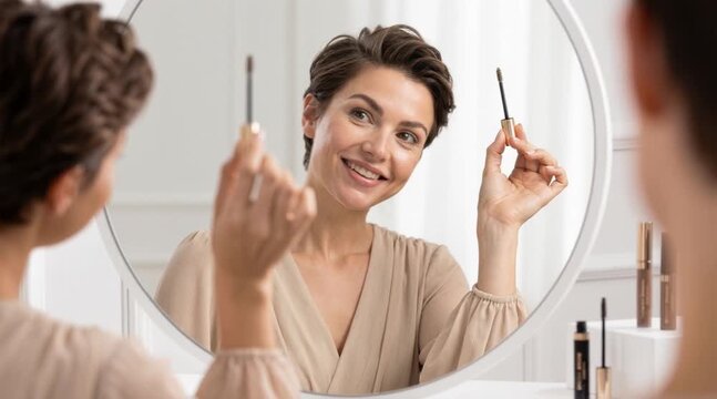 Woman applying eyebrow gel in front of a mirror, smiling and looking confident