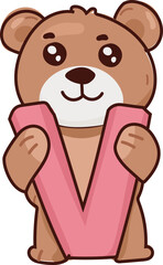 Cute teddy bear hugging big letter V valentines sticker
