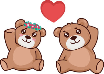Two teddy bears couple with heart valentines illustration