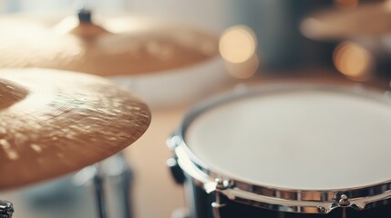 Obraz premium Close-up of cymbals and drums creates an artistic composition, symbolizing rhythm and energy in music while showcasing the beauty of musical instruments in a serene environment.