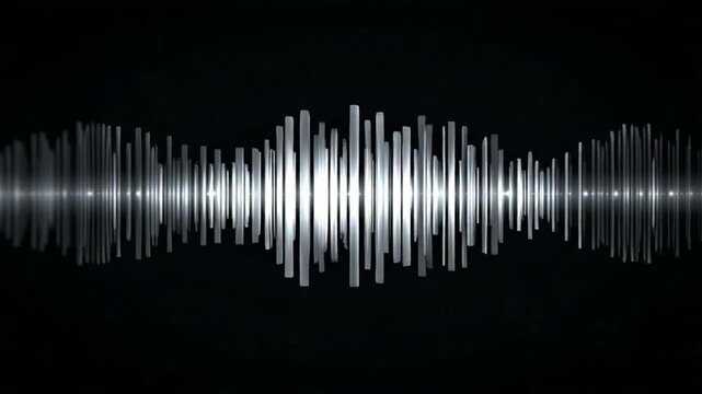 Silver sound wave graph on black background, representing audio signal or music waveform.