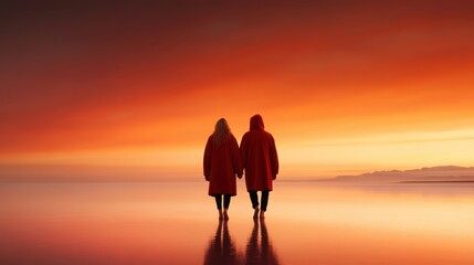 Fototapeta premium Two individuals in cozy red coats hold hands, silhouetted against a stunning sunset, capturing love and connection amidst a serene, reflective landscape.