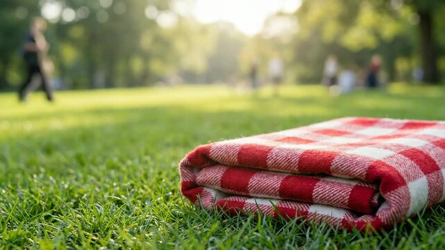 A blanket with a checkered pattern is placed on green grass in a park. People are seen engaging in various outdoor activities in the background during daylight