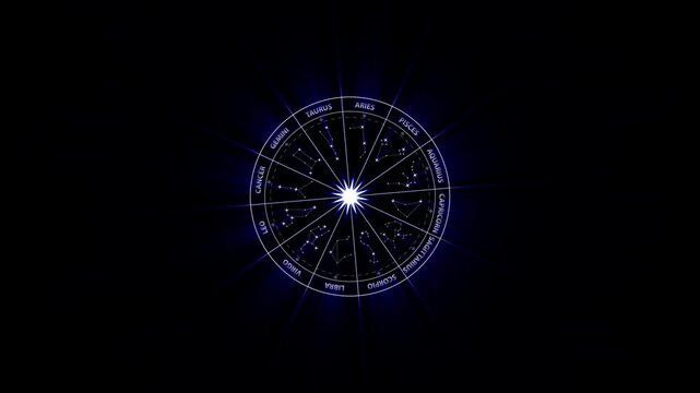 Silver zodiac wheel animation with 12 astrological constellation signs with fade-in & 3D ray effect. Luxury astrology overlay on alpha channel BG, ideal for horoscope, spiritual and astrology projects