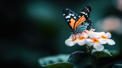 Obraz premium A vibrant butterfly rests delicately on a blooming flower, showcasing the beauty of nature and the intricate details of its wings amidst a softly lit garden backdrop.