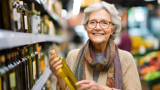 Senior woman choosing olive oil. healthy lifestyle choices, mindful food shopping
