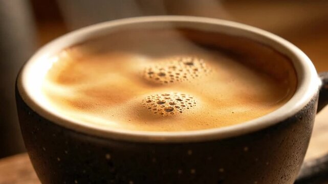 Closeup of coffee in a dark mug with bubbly surface