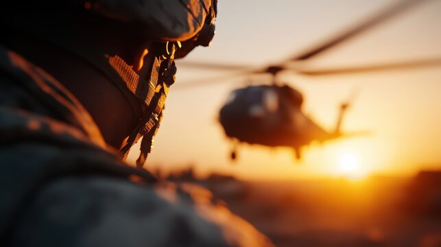This powerful image features a soldier observing a helicopter flying against the backdrop of a stunning sunset, depicting themes of duty, valor, and the spirit of service.