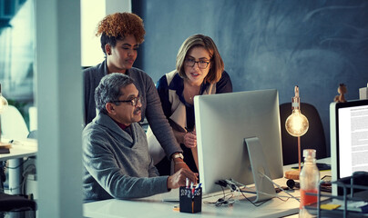 Conversation, teamwork and business people in office, computer for online column and brainstorming....