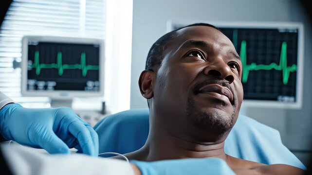 Close up doctor hands applying ECG electrode to African American patient chest. Cardiologist preparing man for heart monitoring in clinic. Soft medical lighting