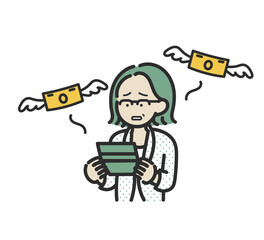 通帳を見て残高に悲しくなる40代女性のイラスト