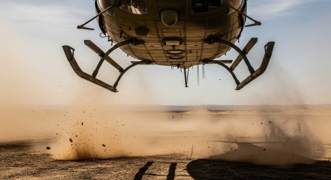 Helicopter landing creates massive dust cloud across arid terrain under bright sky. Helicopter landing stirs up dry earth with powerful rotor wash and visible landing gear below.