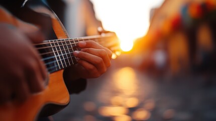 Fototapeta premium A close-up of a musician’s hand strumming a guitar, beautifully backlit by a vibrant sunset, encapsulating the joy of music and communal connection in lively market settings.