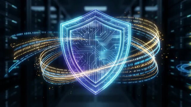 A glowing shield with circuit patterns and colorful light trails appears in a high-tech data center environment. topics related to cyber security and digital protection
