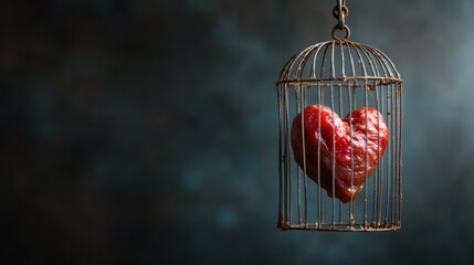 A striking heart-shaped object hangs in a vintage-style cage, conveying sentiments of love, confinement, and the delicate balance between belonging and freedom in relationships.
