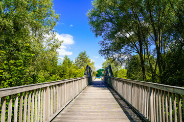 Fototapeta premium Pedestrian bridge at Lake Lippe and the surrounding green landscape. Nature by the lake near Paderborn. 