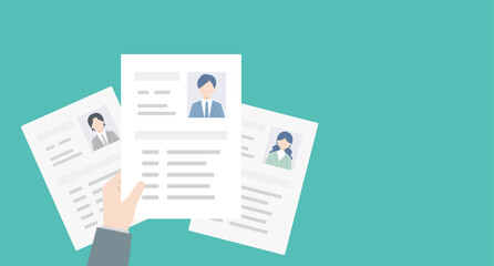 複数の履歴書を比較して選考する採用担当者のベクターイラスト。就職活動･リクルート･人事（フラットデザイン）