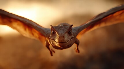 A fantastical dinosaur-inspired creature soars gracefully through a dramatic sunset sky, representing the clash between imagination and the beauty of nature.