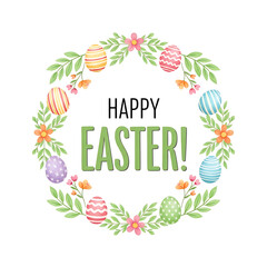 Colorful Easter eggs and flowers wreath with Happy Easter text