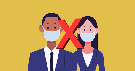 Business icons in masks on yellow signify COVID-19 social distancing digitally.