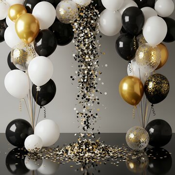 Elegant black white gold balloons with falling confetti celebration balloon backdrop decoration celebration party background birthday design holiday balloons happy festive