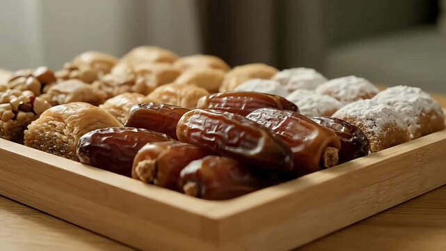 A delightful assortment of delicious Eid sweets, including rich dates and intricate pastries, perfect for a happy Eid celebration and a heartfelt Eid card message