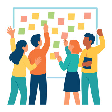 Team brainstorming with sticky notes on whiteboard flat vector illustration