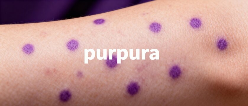 Human skin showing symptoms of purpura, a vascular disorder with purple spots.