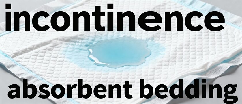 Incontinence absorbent bedding concept with blue liquid on a disposable pad for protection.