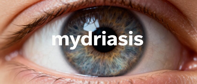 Medical concept of mydriasis shown on a detailed human eye close-up.