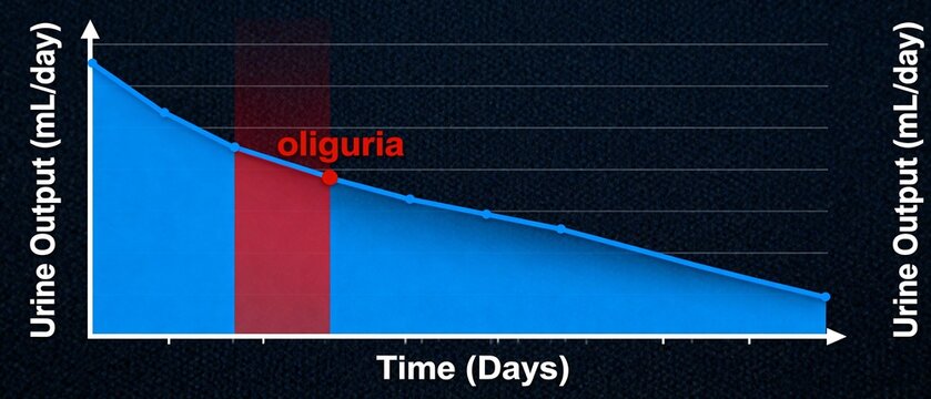 Medical graph illustrating oliguria, a condition of decreased urine output over time.