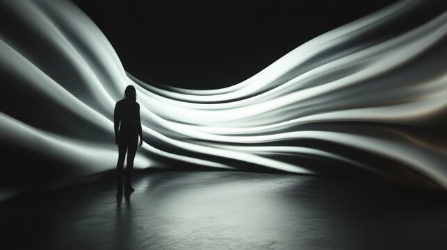 This striking image shows the silhouette of a person standing against an abstract flowing background of white waves, symbolizing introspection and the search for meaning in life.