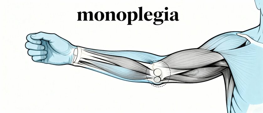 Medical illustration of monoplegia showing paralysis in a human arm with visible muscle anatomy.