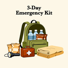 3 Day Emergency Kit Illustration with Backpack and Survival Supplies. Suitable for posters, infographics, educational materials, websites, social media, and emergency awareness campaigns.