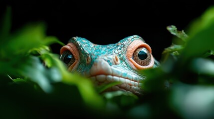 Fototapeta premium This captivating close-up image features a vibrant lizard peering through lush greenery, creating a sense of curiosity and connection with nature's beauty and intrigue.