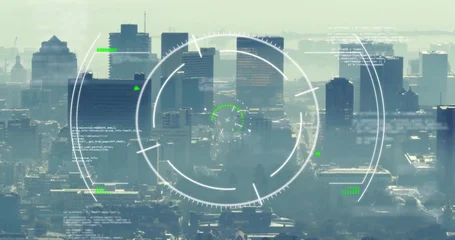 Fototapete Luftbild Image of circles, lines and computer language over aerial view of modern cityscape  © vectorfusionart