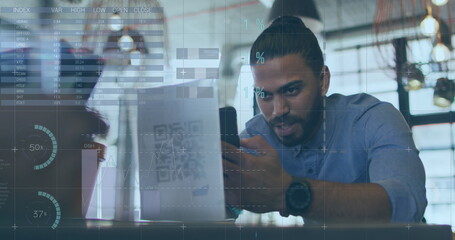 Image of financial data processing over businessman using smartphone