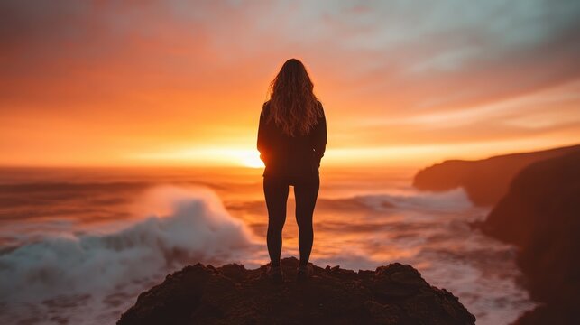 A silhouette of a woman standing on a rocky shore, gazing at a vibrant sunset over the ocean, encapsulating moments of reflection, peace, and connection with nature. Ideal for relaxation themes.