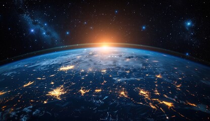 Fototapeta premium Planet Earth from space, with a glowing sunrise over the horizon and city lights