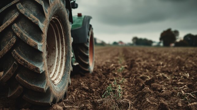 Close up of a large muddy tractor tire in a freshly plowed field under a cloudy sky