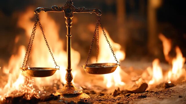 burning justice scale with fire in background representing burning justice scale, justice scale on fire in cinematic legal symbolism