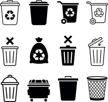Trash and garbage bin icons vector set, waste recycle containers dumpster disposal symbols on transparent background
