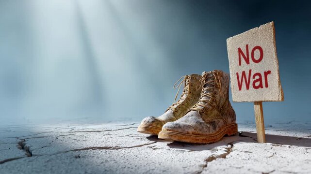 no war protest with military boots and no war sign on cracked ground under dramatic light, no war message in powerful visual protest using no war symbolism