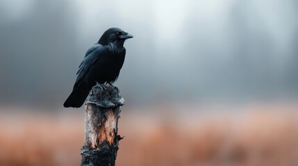 Naklejka premium A solitary black raven perched on an aged tree stump amidst a misty landscape, symbolizing intelligence and mystery, evoking thoughts of nature's beauty and the unknown.