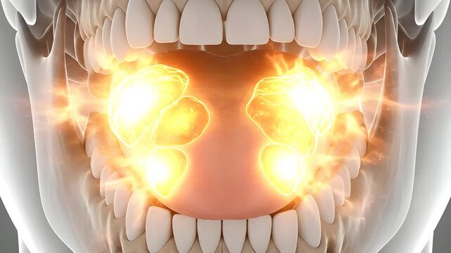 Close up of a human mouth showing glowing tonsils with bright inflammation and radiating heat surrounded by teeth and a skeletal jaw structure against a neutral gray background suitable for medical