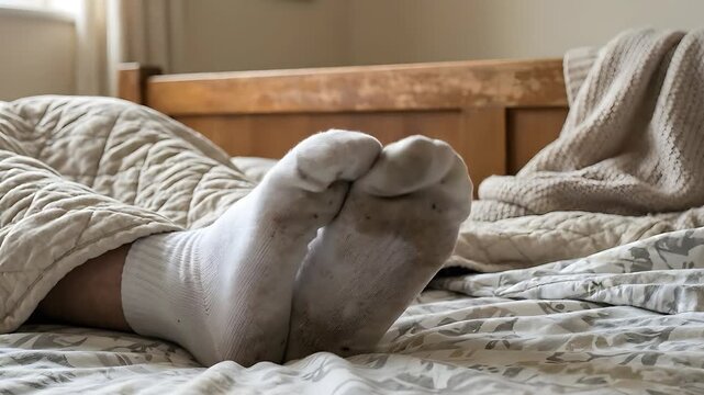 Close up of dirty white socks on a person's feet resting on a bed under a quilted beige blanket with a wooden headboard in soft natural light from a window