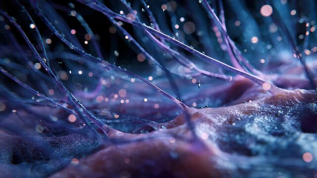 Ultra HD Abstract microscopic view of a complex neural network or organic fibers with glowing particles and liquid droplets, representing science and technology video