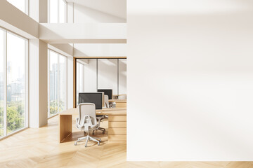 Modern office interior with empty white wall mockup and minimalist workspace setup for banner or poster template presentation concept.. 3D Rendering © ImageFlow