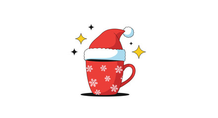 Festive red mug with snowflake patterns wearing a Santa Claus hat surrounded by golden and black stars on white.
